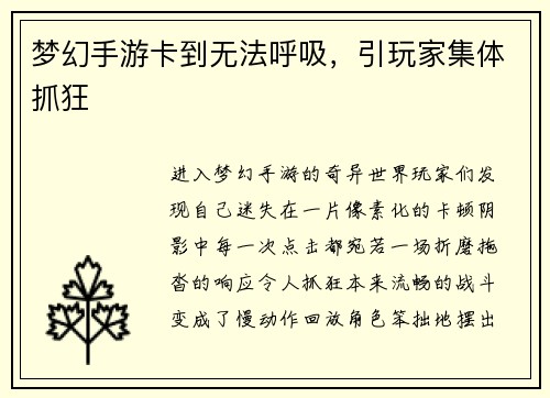 梦幻手游卡到无法呼吸，引玩家集体抓狂