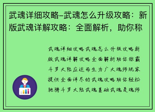 武魂详细攻略-武魂怎么升级攻略：新版武魂详解攻略：全面解析，助你称霸斗罗大陆